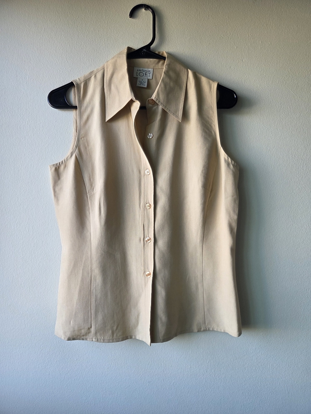 LOFT Sleeveless Button-Down Shirt in Light Beige 100% Silk